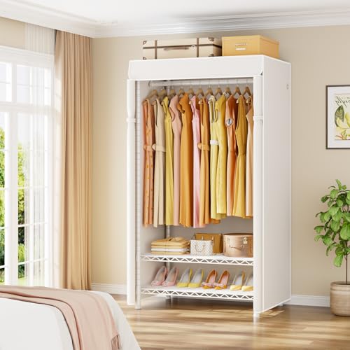 H5C Clothes Rack with Cover, Covered Clothing Rack Heavy Duty | Garment Rack with Shelves, 3-Tier Portable Closets for Hanging Clothes, Max Load 360LBS, White Closet Racks with White Cover - color: White Rack with White Cover, size: H5C