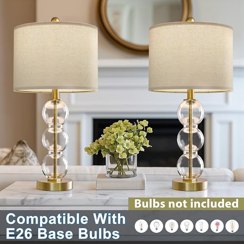 25" Glass Table Lamps Set of 2, Gold Modern Table Lamps with USB Ports for Living Room, Linen Shade Bedside Lamps for Bedroom, Nightstand, Side Table (Bulbs not Included) - color: Gold