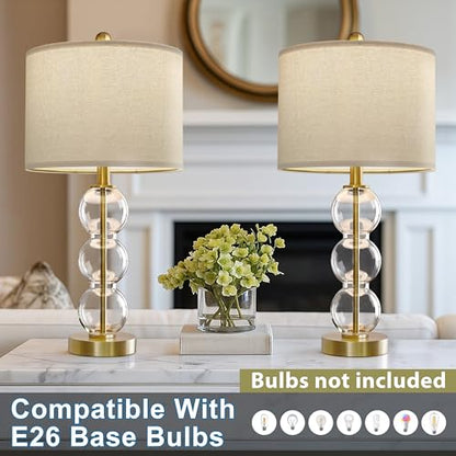 25" Glass Table Lamps Set of 2, Gold Modern Table Lamps with USB Ports for Living Room, Linen Shade Bedside Lamps for Bedroom, Nightstand, Side Table (Bulbs not Included) - color: Gold