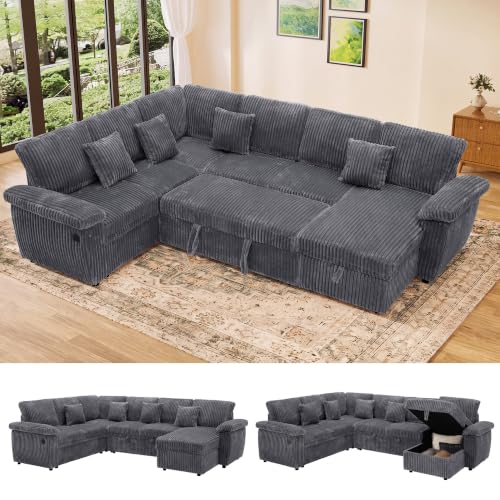 Modular Sectional Sleeper Sofa with Pull Out Bed, 104" U Shaped 7 Seat Cloud Sectional Couches for Living Room, Comfy Corduroy Couch Sofa Bed with Storage Chaise, USB Charging, Dark Grey - color: Dark Grey