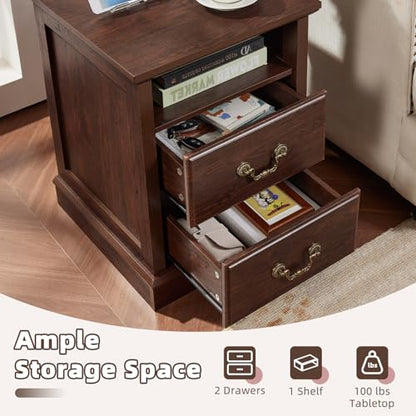 Farmhouse Night Stand with Charging Station, Walnut | 2 Drawers End Tables Bedroom, Bedside Table with Rustic Handles & Floor-Standing Thickened Foot & Open Shelf - color: Walnut, size: 18"D x 18"W x 24"H (2 Drawers)