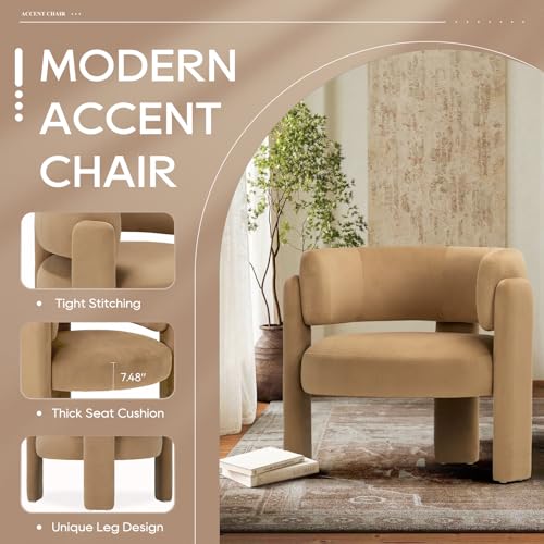 COLAMY Modern Velvet Accent Chairs Set of 2, Upholstered Barrel Chairs, Comfy Side Arm Chairs with 3 Legs for Living Room, Bedroom, Reading, Khaki - color: New-khaki, size: Set of 2