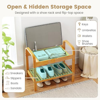 GOFLAME Bamboo Shoe Bench with Storage, 2-Tier Entryway Bench with Flip-Top Storage and Padded Seat Cushion, Shoe Rack Organizer with Shelf for Hallway, Bedroom, Living Room - style: With Storage - Small Size
