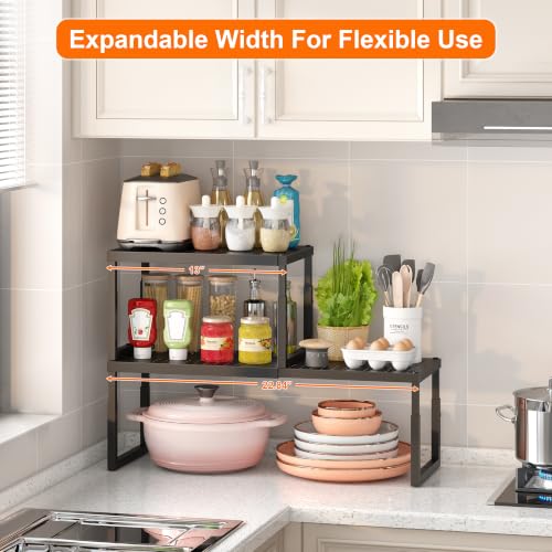 Shelf Organizer Riser For Cabinet Pantry Kitchen Countertop Cupbaord Closet | Expandable Width, Adjustable Height, Stackable As 2-Tier Shelf Rack, Snap-Button: Easily Adjust Height, Heavy Duty Metal - color: Black-1 Pack