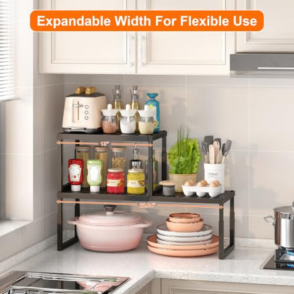 Shelf Organizer Riser For Cabinet Pantry Kitchen Countertop Cupbaord Closet | Expandable Width, Adjustable Height, Stackable As 2-Tier Shelf Rack, Snap-Button: Easily Adjust Height, Heavy Duty Metal - color: Black-1 Pack