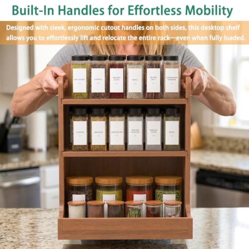 Solid Wood 3-Tier Spice Rack Countertop Organizer Kitchen Storage Shelf | Sturdy wood desktop shelf for spices, coffee bars & bathroom vanities. Features portable handles & full back stability.