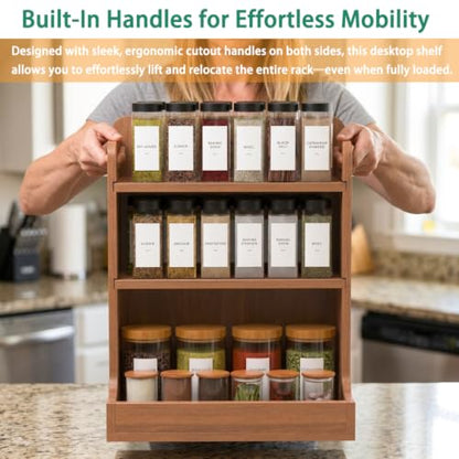 Solid Wood 3-Tier Spice Rack Countertop Organizer Kitchen Storage Shelf | Sturdy wood desktop shelf for spices, coffee bars & bathroom vanities. Features portable handles & full back stability.