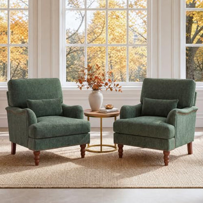 Mid-Century Modern Accent Chair with Lumbar Pillow, Green, 1 Pack | Upholstered Chenille Armchair, Solid Wood Frame & Legs, Comfy Reading Lounge Sofa for Living Room Bedroom, & Small Spaces - color: Chenille Green, size: 1 Seat