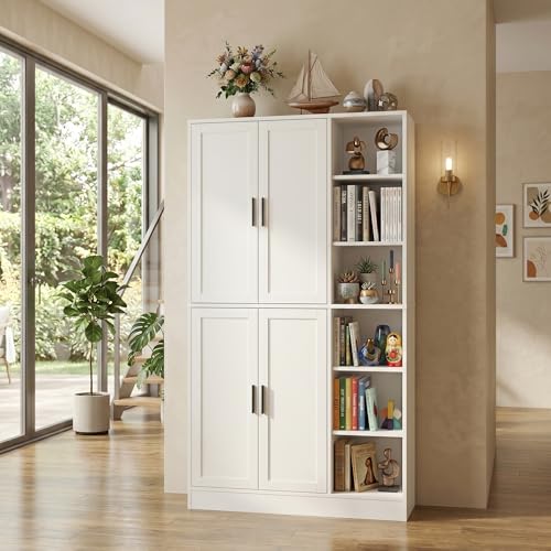 holzart 63" Tall Kitchen Pantry Cabinet, Freestanding Dining Room Storage Hutch with 4 Doors and Adjustable Shelves, Modern Utility Cupboard for Coffee Bar and Microwave, White - color: White