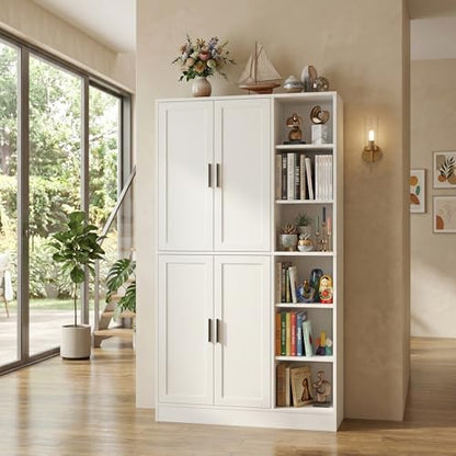 holzart 63" Tall Kitchen Pantry Cabinet, Freestanding Dining Room Storage Hutch with 4 Doors and Adjustable Shelves, Modern Utility Cupboard for Coffee Bar and Microwave, White - color: White