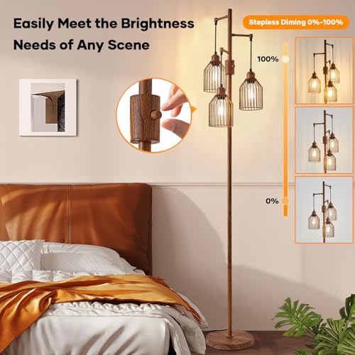 Dimmable Industrial Floor Lamp with 3 Cage Heads, Wood Grain Tree Standing Lamp with Stepless Dimming, Modern Farmhouse Tall Pole Light for Living Room, Bedroom, Office, E26 Base (Bulbs Included) - color: Wood