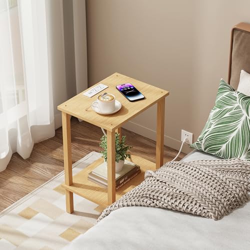 TUTOTAK End Table with Charging Station, Side Table Set of 2, Nightstand | 2-Tier Storage Shelf, Bedside Table with USB Ports, Sofa Table for Small Space, Livingroom, Bedroom Natural TB01BN041 - color: Natural