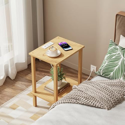 TUTOTAK End Table with Charging Station, Side Table Set of 2, Nightstand | 2-Tier Storage Shelf, Bedside Table with USB Ports, Sofa Table for Small Space, Livingroom, Bedroom Natural TB01BN041 - color: Natural