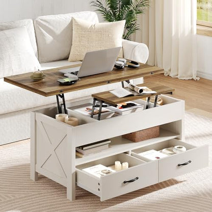 Amada Lift Top Coffee Table, 4 in 1 Convertible Coffee Table with Drawers and Hidden Compartment, Expandable Center Table Converts to Dining Table for Living Room, Farmhouse Oak & White - color: Oak & White