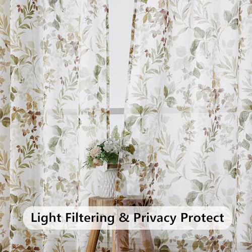 Crushed Semi Sheer Curtains 72 Inch Length 2 Panels Set, Printing Floral Pattern Rod Pocket Light Filtering Farmhouse Curtains for Bedroom Living Room, 2 Pieces 84 Inch Wide, 72 inch Long - color: Brown/Multi, size: 42"W x 72"L (Pack of 2)