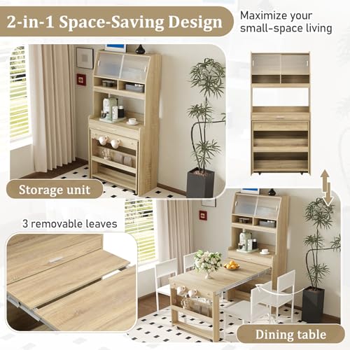 Wood Buffet Cabinet with Folding Dining Table, Craft Cabinet with Fold Out Table and Storage Shelf, Hooks, Multifunctional Cupboard for Small Places,Studio, Apartment (Natural) - color: Natural