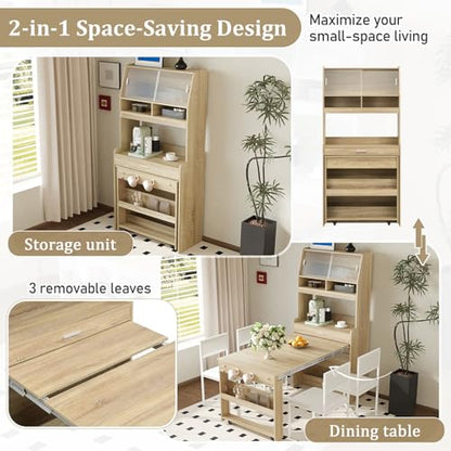 Wood Buffet Cabinet with Folding Dining Table, Craft Cabinet with Fold Out Table and Storage Shelf, Hooks, Multifunctional Cupboard for Small Places,Studio, Apartment (Natural) - color: Natural