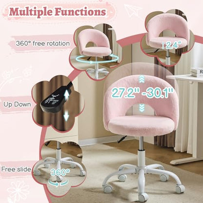VINGLI Small Vanity Chair with Faux Fur Wheels for Girls,Cute Adjustable Height Armless Office Desk Chair,360°Swivel Comfy Rolling for Study,Make up Room,Small Space,Light Pink - color: Furry Pink