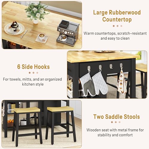 Kitchen Island with Storage and Seating Include 2 Bar Stools, Drawers,Black | 47" Solid Rubberwood Top Kitchen Island with Trash Can Storage, Power Outlet, 6 Hooks, Coffee Bar Cabinet, Dining Table for 2 - color: Black
