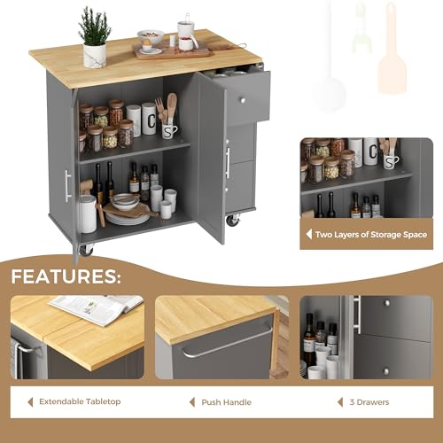 JY QAQA 40" Kitchen Island Cart Furniture cart on Wheels Rolling Portable Dining Room Serving Utility Carts Mobile Movable with Drawers Cabinet,Grey - color: Grey, size: 40-IN
