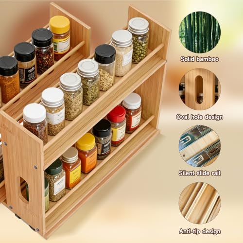 Bamboo Spice Rack Organizer for Cabinet, Pull Out Seasoning Rack Kitchen Spice Organizer, Sliding Spicy Shelf Pantry Countertop Vertical Organization, 3 Drawers, 3-Tier - size: 9.1" Wide, 3 Drawers(1.85" Wide), 2-Tier
