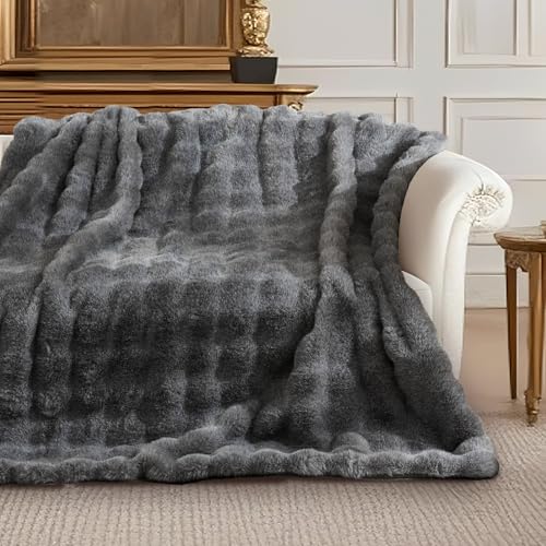 Faux Fur Throw Blanket, Ultra Soft Fuzzy Plush Bubble Blanket for Couch, Bed & Living Room, 60"x80", Cationic Wolf Gray - color: Heather Grey, size: 60" x 80"