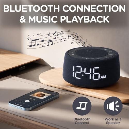 White Noise Alarm Clock for Bedroom, Night Light, Bluetooth Audio | 18 soothing sounds, Bluetooth speaker, ambient light ring, adjustable alarm volume, USB charger, dimmable digital clock - color: Black