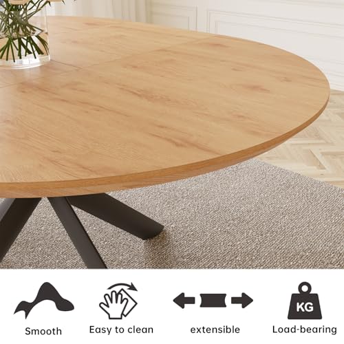 HIPIHOM 43.2"-59.1" Extendable Round Dining Table | Mid century modern oak finish, MDF board, space saving design, for 4-6 person, kitchen & coffee table - color: Oak Table, size: Oak Table