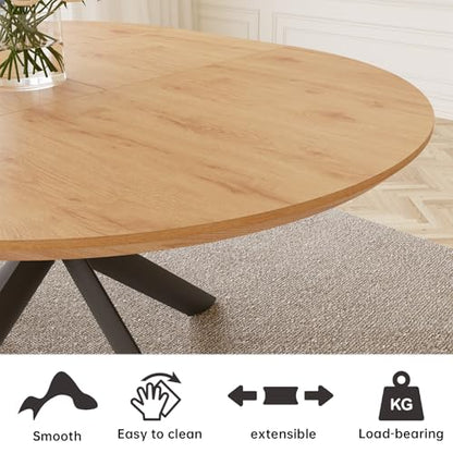 HIPIHOM 43.2"-59.1" Extendable Round Dining Table | Mid century modern oak finish, MDF board, space saving design, for 4-6 person, kitchen & coffee table - color: Oak Table, size: Oak Table