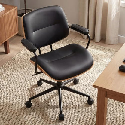 Mid Century Modern Office Chair with Armrest and Adjustable Backrest, Black | Wooden frame with armrests & adjustable backrest, swivel & height-adjustable, PU leather seat for home office comfort - color: Black