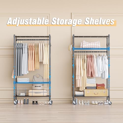 Homdox Heavy Duty Clothing Rack with 3 Tier Adjustable Wire Shelves, Garment Racks for Hanging Clothes, Double Rods Clothing Rack, Freestanding Closet Wardrobe with Side Hooks, Black - color: Black, size: 16.54"D x 23.62"W x 80.71"H