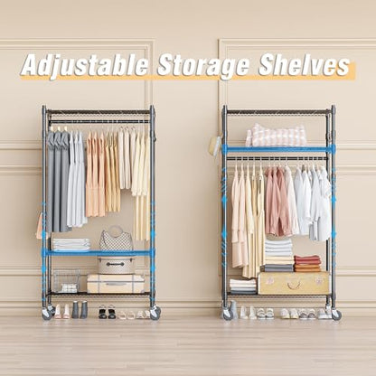 Homdox Heavy Duty Clothing Rack with 3 Tier Adjustable Wire Shelves, Garment Racks for Hanging Clothes, Double Rods Clothing Rack, Freestanding Closet Wardrobe with Side Hooks, Black - color: Black, size: 16.54"D x 23.62"W x 80.71"H