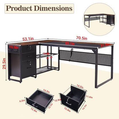 70 Inch Reversible L Shaped Desk with Drawers,Executive Desk with Power Outlet, Lockable File Drawer and Storage Shelves,L Shaped Office Desk with Pegboard,Large Corner Desk for Home Office (70.5")