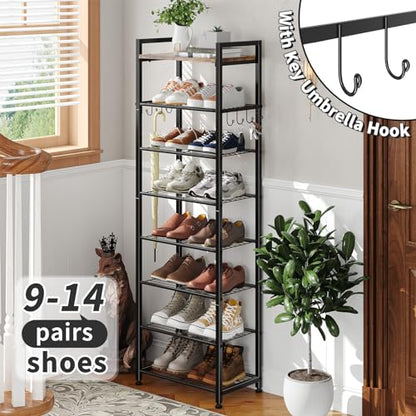 Simple Trending 8 Tiers Shoe Rack 16 Pairs Tall Wooden Shoe Shelf, Black | Wooden Plank Shoe Shelf, with Hooks for Closet Entryway, Sturdy Free Standing Shoe Storage Cabinet, 18"D x 11.37"W x 57.2"H - size: 8 Tiers