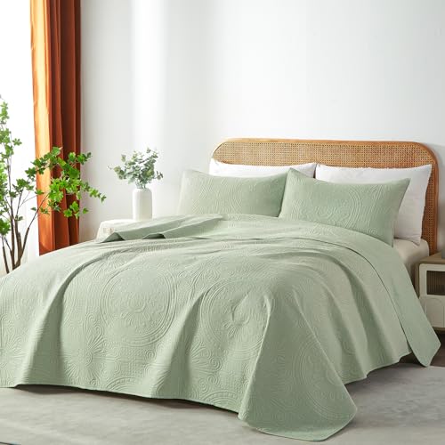 WURUIBO King/Cal King Quilt Set Sage Green,Ultrasonic Embossed Bedspread, Lightweight Microfiber Coverlet, Modern Thin Bedding Set for All Season, 3 Piece(1 Quilt,2 Pillow Shams) - color: Sage Green, size: King/Cal King(96"x110")