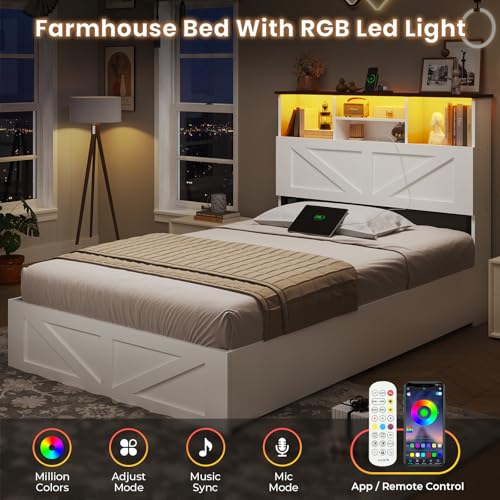 AOGLLATI Twin Bed with Storage Bookcase Headboard and 4 Drawers,Wooden Farmhouse Twin Bed Frame with Charging Station, Led Lights & Metal Slats,White - color: White, size: Twin