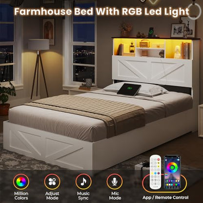AOGLLATI Twin Bed with Storage Bookcase Headboard and 4 Drawers,Wooden Farmhouse Twin Bed Frame with Charging Station, Led Lights & Metal Slats,White - color: White, size: Twin