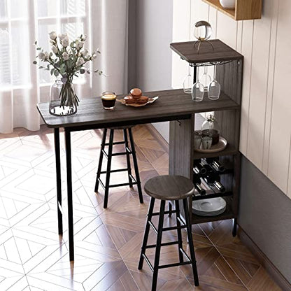 GOFLAME Bar Table Set for 2, Counter Height Dining Table Set with Shelves, Cup Holder & Wine Rack, Breakfast Table & Stools Set, 3-Piece Pub Table Set for Kitchen, Dining Room, Brown - color: Brown