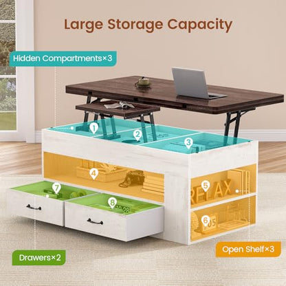 Itaar Lift Top Coffee Table, 4 in 1 Coffee Tables with Storage and Hidden Compartment, Farmhouse Coffee Table with 2 Fabric Drawers & LED Light for Living Room, White - color: White