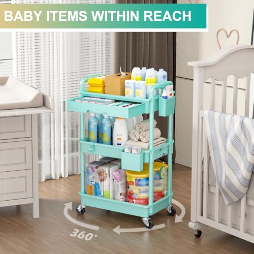 Goovilla 3 Tier Rolling Utility Cart Organizer with Removable Drawer, Blue | Stable and Sturdy Rolling Storage Carts with 2 Lockable Wheels for Bathroom, Kitchen, Snack, Craft, Makeup, Baby Essentials - size: 3 Tier, style: Blue