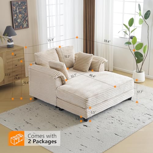 VINGLI 56" Oversized Chaise Lounge Chair, Beige Comfy Corduroy Chaise Sofa Recliner Bed Upholstered Sleeper Couch Bed with Throw Pillows and Armrests for Living Room, Movie Room, Bedroom - color: Beige, style: Modern