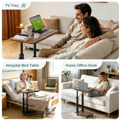 AOODA 22''W TV Tray Table with Wheels Adjustable Height, C Shaped End Tables Living Room, Rolling Couch Side Table with Storage for Sofa, Bed, Recliner (Rustic Brown) - color: Brown