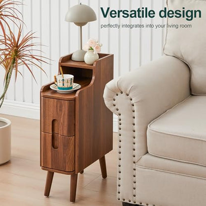 Narrow Nightstand Set of 2, Wood 2 Drawer Small Nightstand, Slim Side Table, Modern Skinny End Bedside Table, Natural Wood Night Stand with Drawers for Bedroom (Walnut-2 pcs) - color: Walnut-2 Pcs