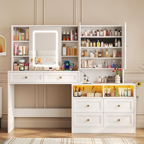Vabches 58.6" Large Vanity Desk with Sliding Mirror & Lights, White | Makeup Vanity Table & Nightstand Combo with Power Outlet and 6 Drawers 15 Shelves with Light Strips for Bedroom