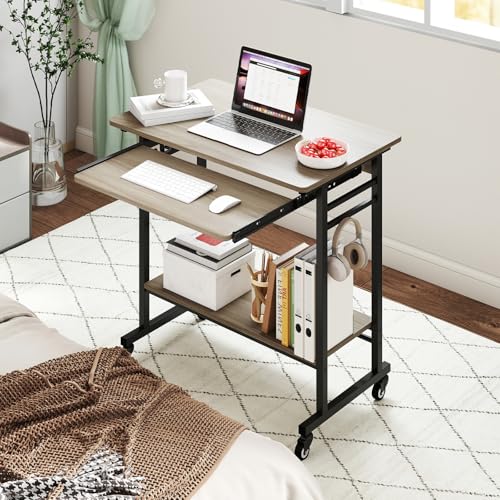 GIANTEX Rolling Computer Desk, Mobile Desk with Keyboard Tray & Wheels, Portable Laptop PC Table Cart with Shelf & Hooks, Small Desk for Small Spaces, Bedroom, Apartment (Grey Oak) - color: Grey Oak