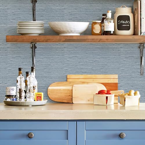 HueBurst Grasscloth Peel and Stick Wallpaper 17.3" x 197" Blue Textured Grasscloth Wall Paper Renter Friendly Wallpaper Self Adhesive Removable for Bathroom Bedroom - color: Blue, size: 17.3" x 197"
