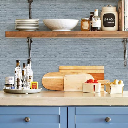 HueBurst Grasscloth Peel and Stick Wallpaper 17.3" x 197" Blue Textured Grasscloth Wall Paper Renter Friendly Wallpaper Self Adhesive Removable for Bathroom Bedroom - color: Blue, size: 17.3" x 197"