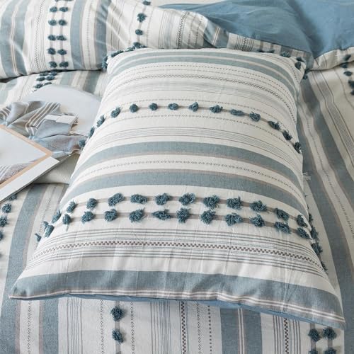 Washed Cotton Full Size Duvet Cover Set - Tufted Dots Boho Chic Bedding for All Seasons, Striped Bohemain Bedding Linen Like Textured Breathable Durable Soft Comfy (Blue, 89''x90'') - color: Blue, size: Full