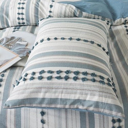 Washed Cotton Full Size Duvet Cover Set - Tufted Dots Boho Chic Bedding for All Seasons, Striped Bohemain Bedding Linen Like Textured Breathable Durable Soft Comfy (Blue, 89''x90'') - color: Blue, size: Full