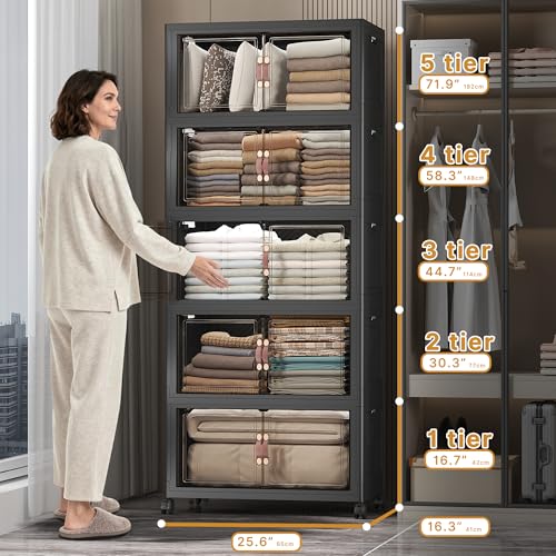 Stackable Storage Bins, 560QT Collapsible Drawers with 1 Lid | Large Capacity, Magnetic Door, Stack Lock, Rolling Wheels, Foldable Design, Organizers and Storage for Bedroom Dorm Garage - color: Dark-112QT, size: 5Pack with 1 top lid